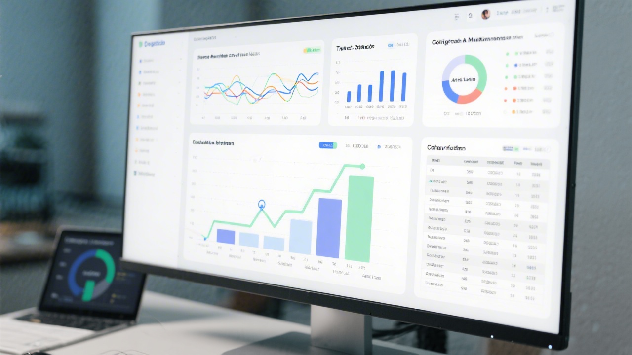 Large monitor showing layered analytics dashboards with traffic sources, conversion funnels and cohort tables, indicating structured data analysis for business improvement