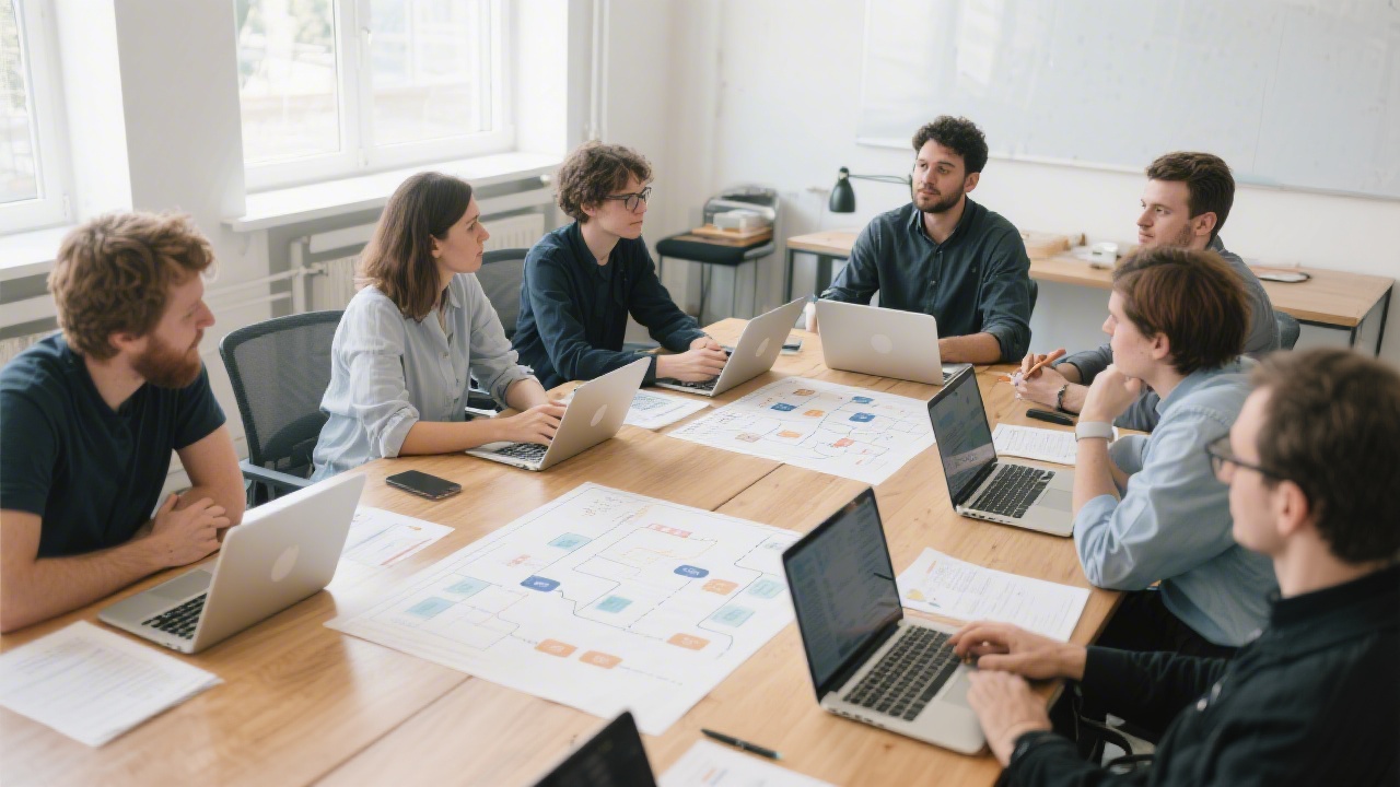 Workshop table with laptops and printed user journey maps, participants discussing web architecture and brand alignment in a structured training setting