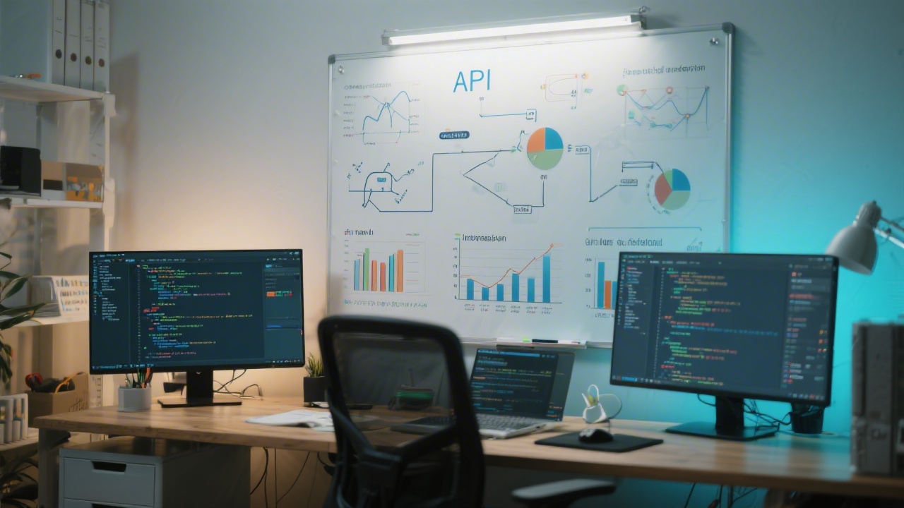 Developer desk with code editor, API diagrams on whiteboard, and analytics charts, portraying technical training focused on integration and performance