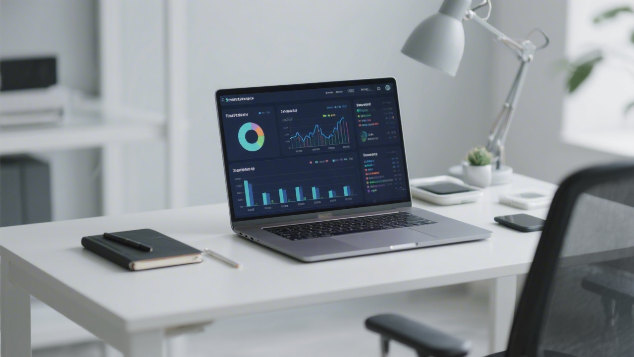 Modern office desk with laptop, analytics dashboard on screen, notebooks and minimal tech gadgets, showing a calm professional environment for strategy and web work