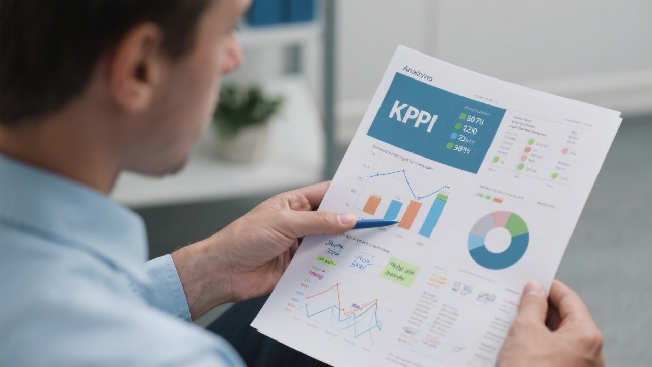 Business analyst reviewing a printed report with KPIs, charts and notes, highlighting measurable impact and decision making