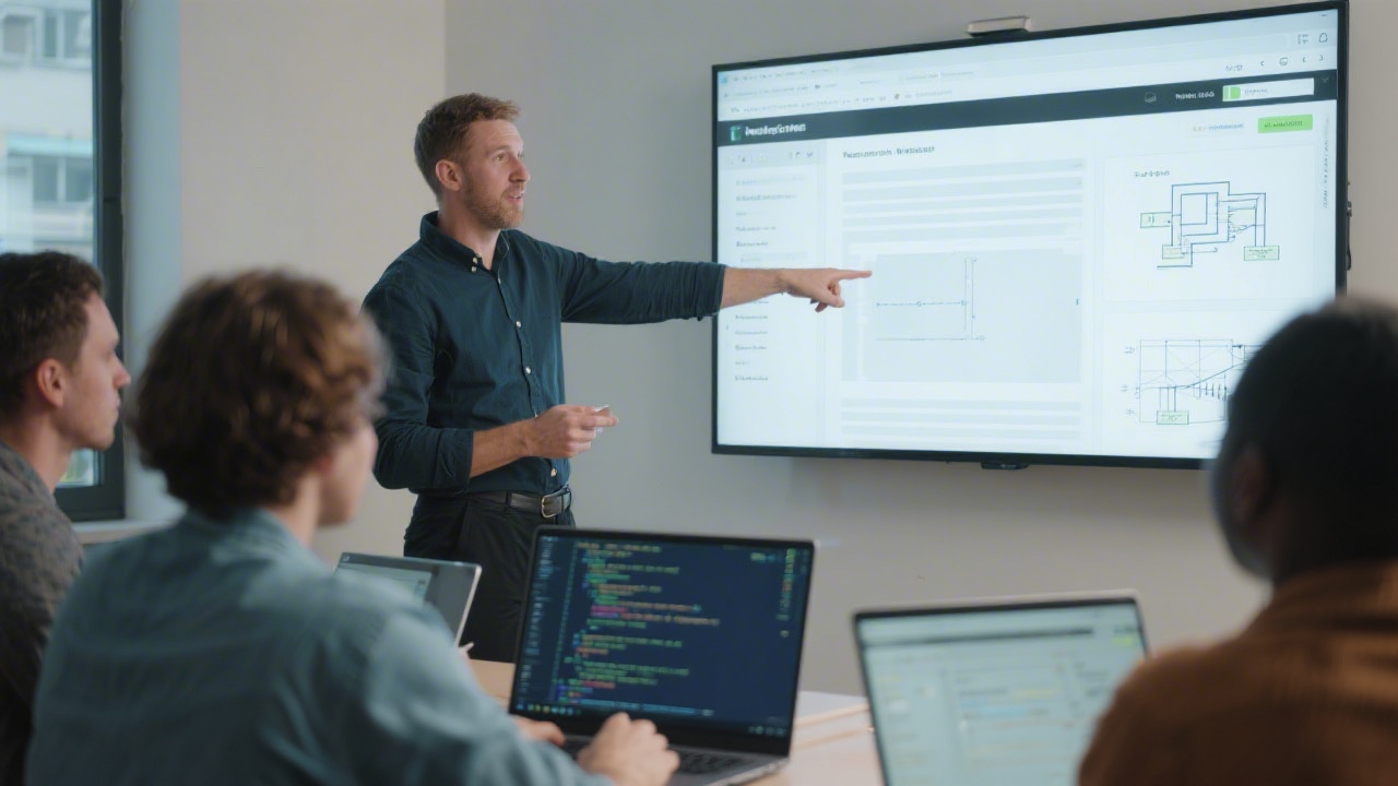 Instructor pointing at a responsive web layout on a screen while participants view code snippets and architecture diagrams on laptops