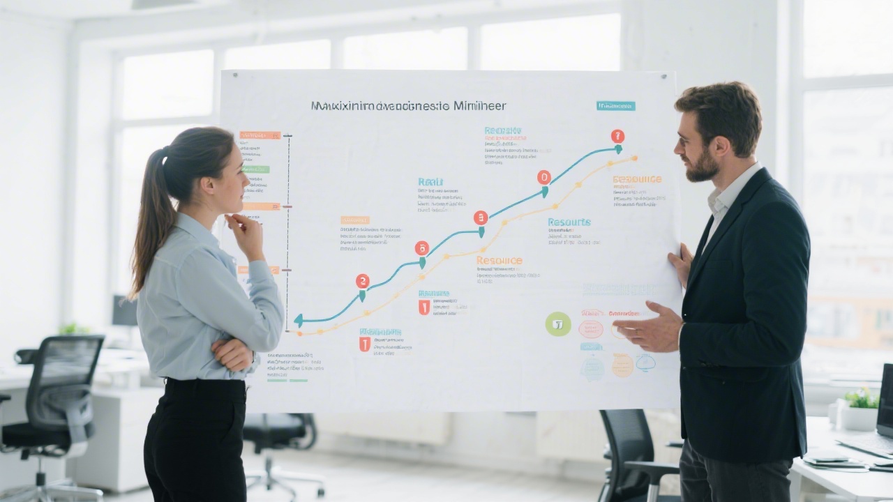 Consultants discussing a roadmap with a timeline, milestones and resources on a large paper sheet in a bright office space