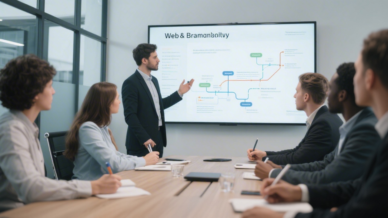 Professional consulting session with a strategist presenting a web and branding roadmap on a large screen, team taking notes in a modern meeting room
