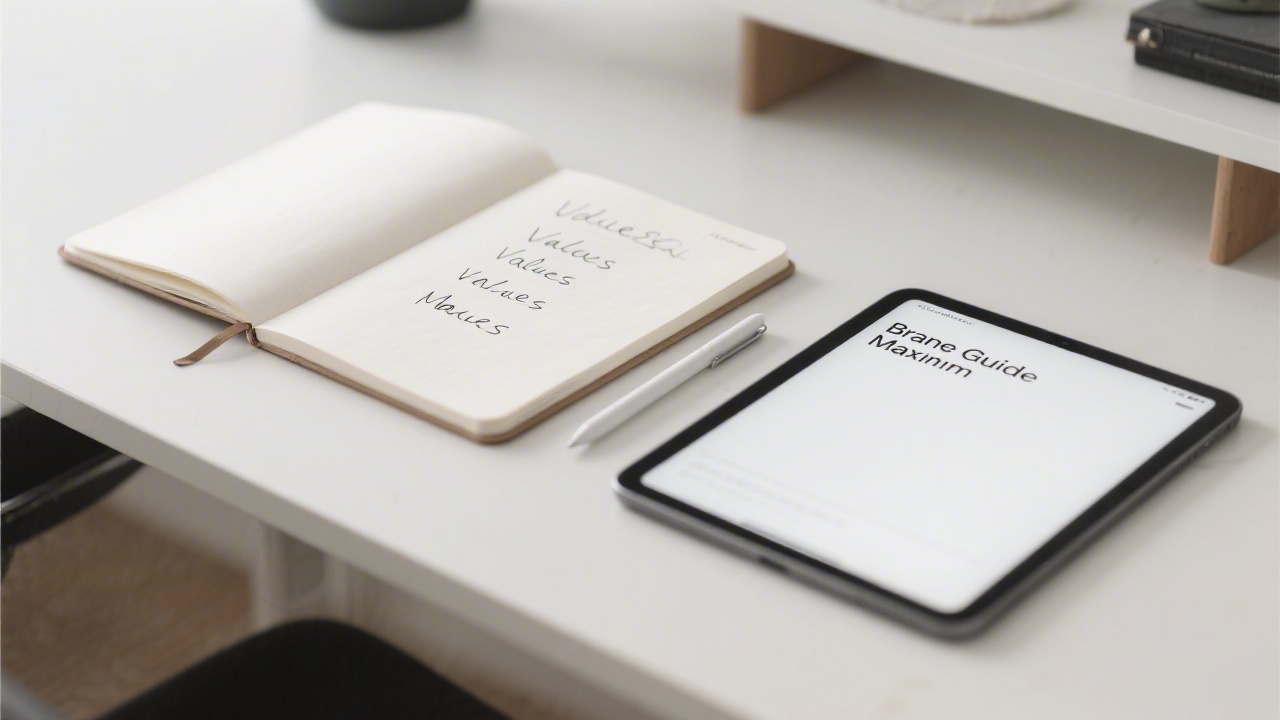 Minimal workspace with open notebook showing handwritten values, a pen, and a tablet displaying a clean brand guide